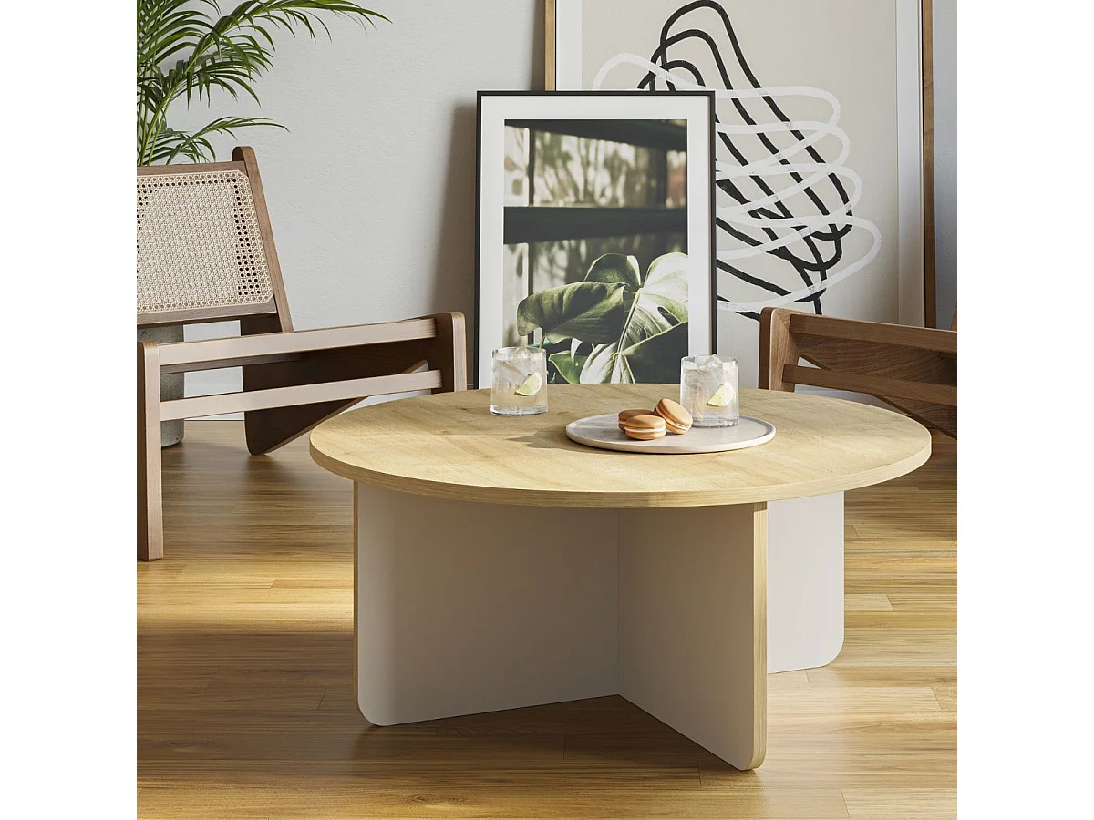 Table basse ronde Ø80cm en mélaminé plateau imitation bois et piètement beige - HESTIA