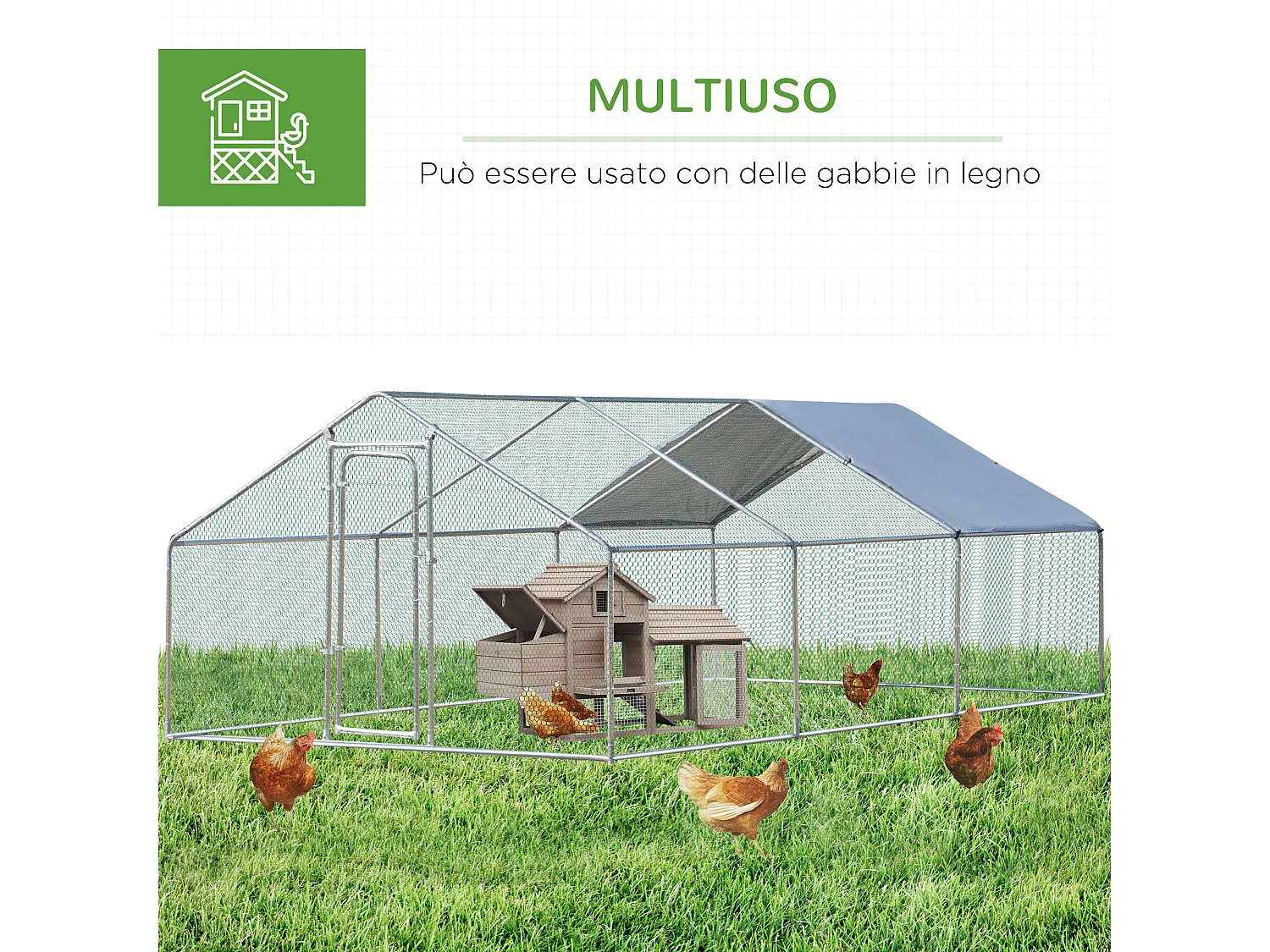 Pollaio da giardino con rete esagonale in metallo galvanizzato