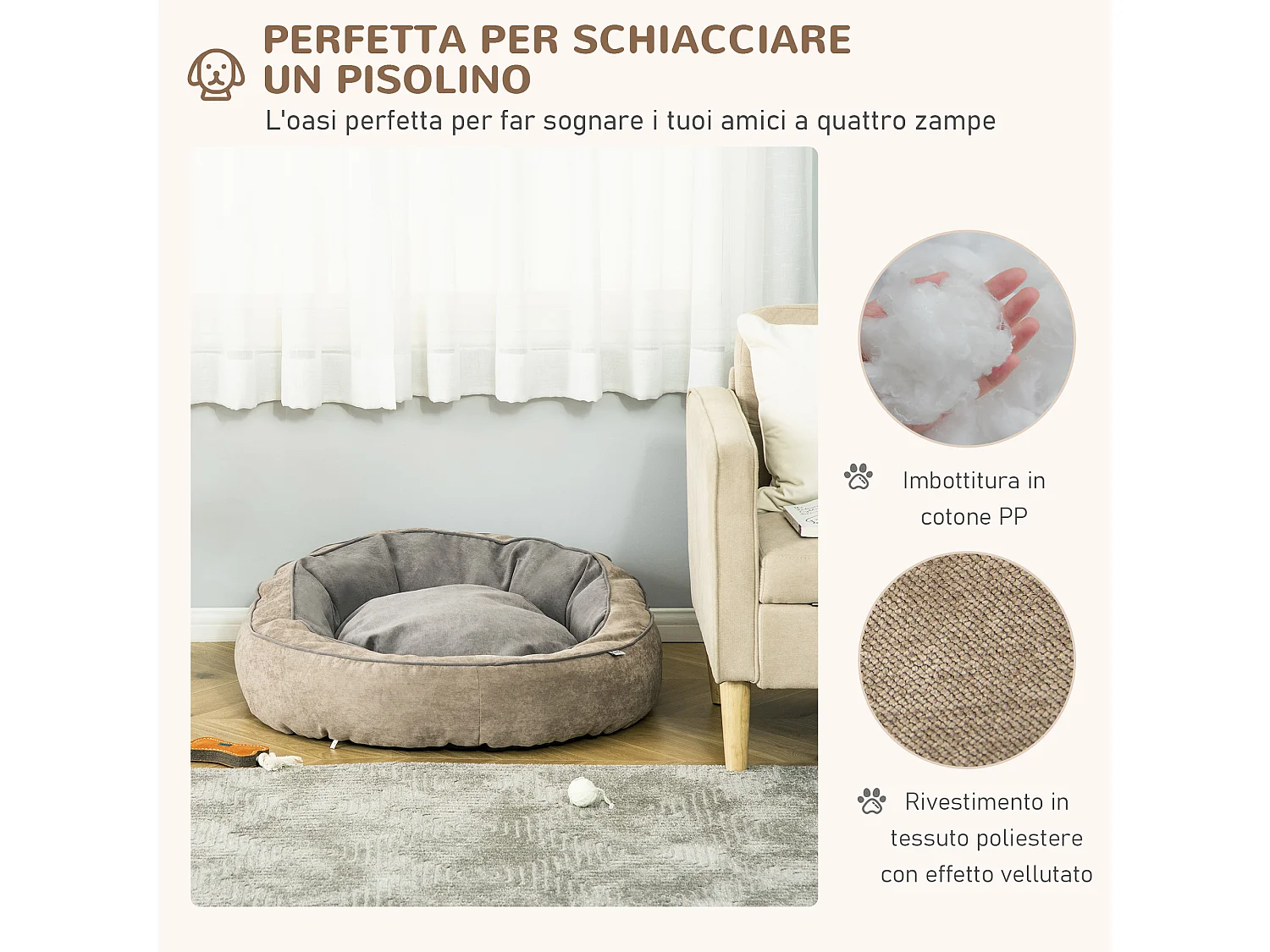 Lettino per cani imbottito con cuscino e bordi rialzati grigio