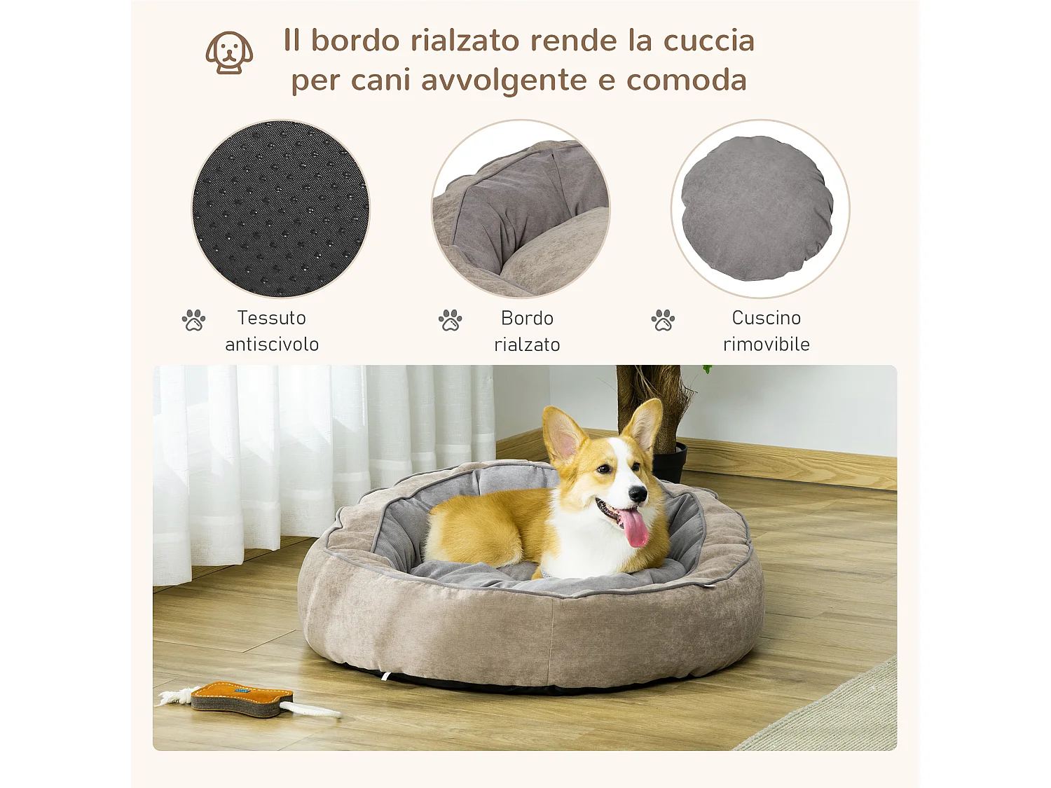 Lettino per cani imbottito con cuscino e bordi rialzati grigio