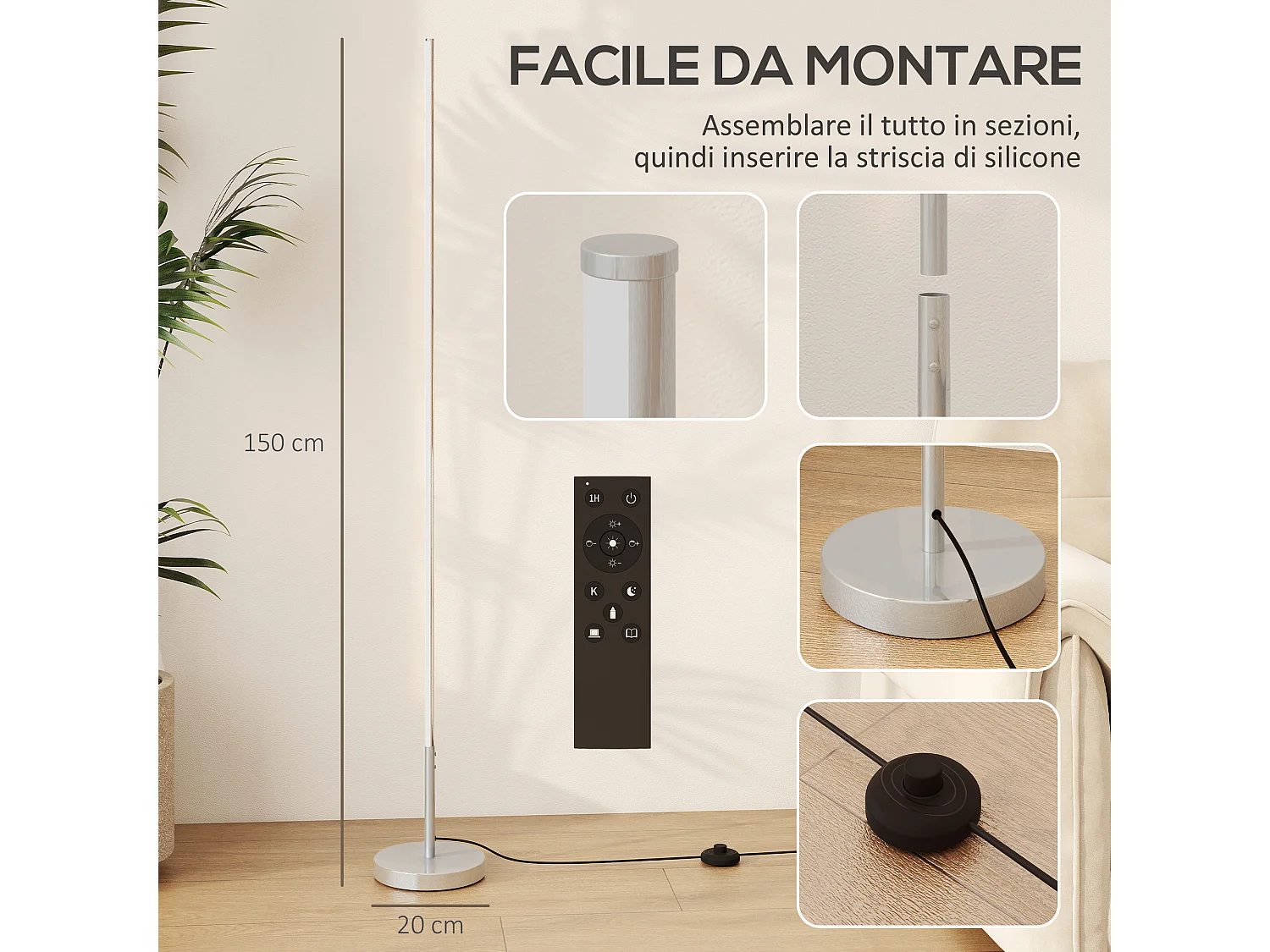 lampada da terra led alta 150 cm con temperatura del colore e luminosità regolabile