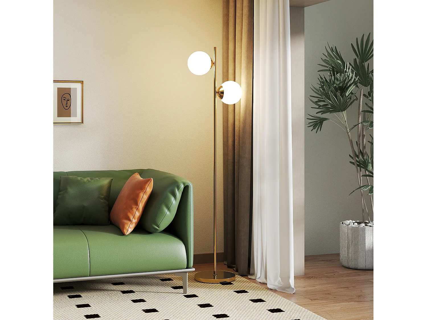 lampada da terra con 2 luci e paralumi a sfera