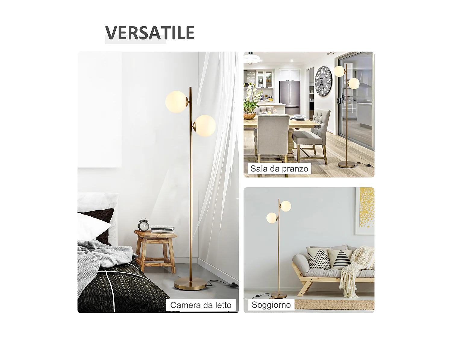 lampada da terra con 2 luci e paralumi a sfera