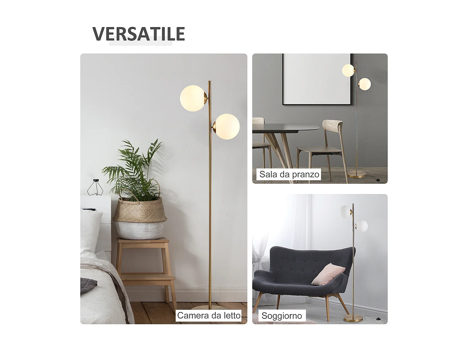 lampada da terra con 2 luci e paralumi a sfera