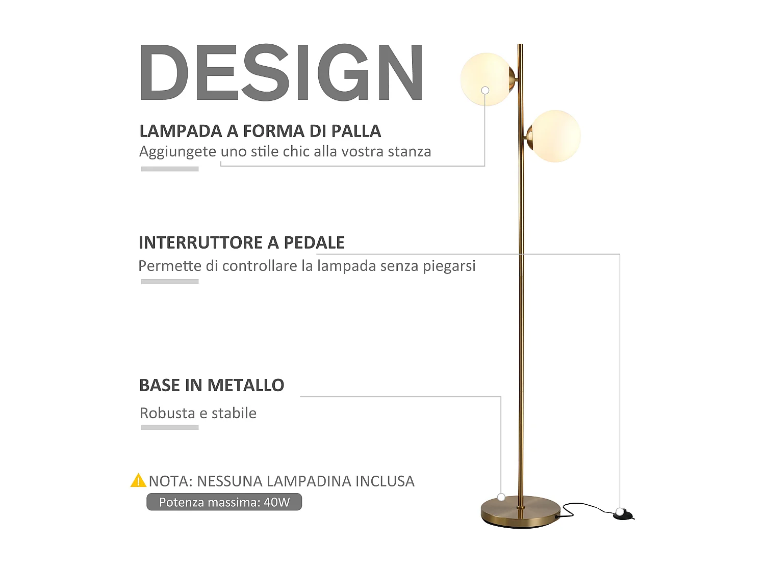 lampada da terra con 2 luci e paralumi a sfera