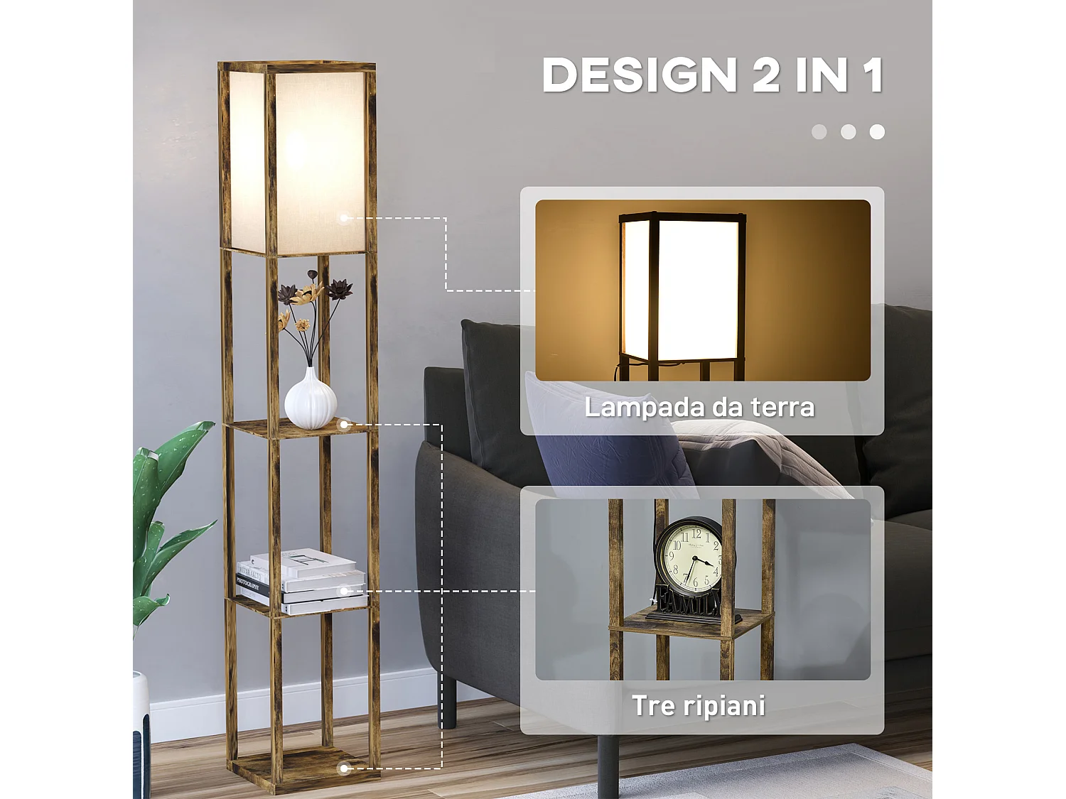 lampada a terra 40w con 3 mensole integrate e interruttore a pedale