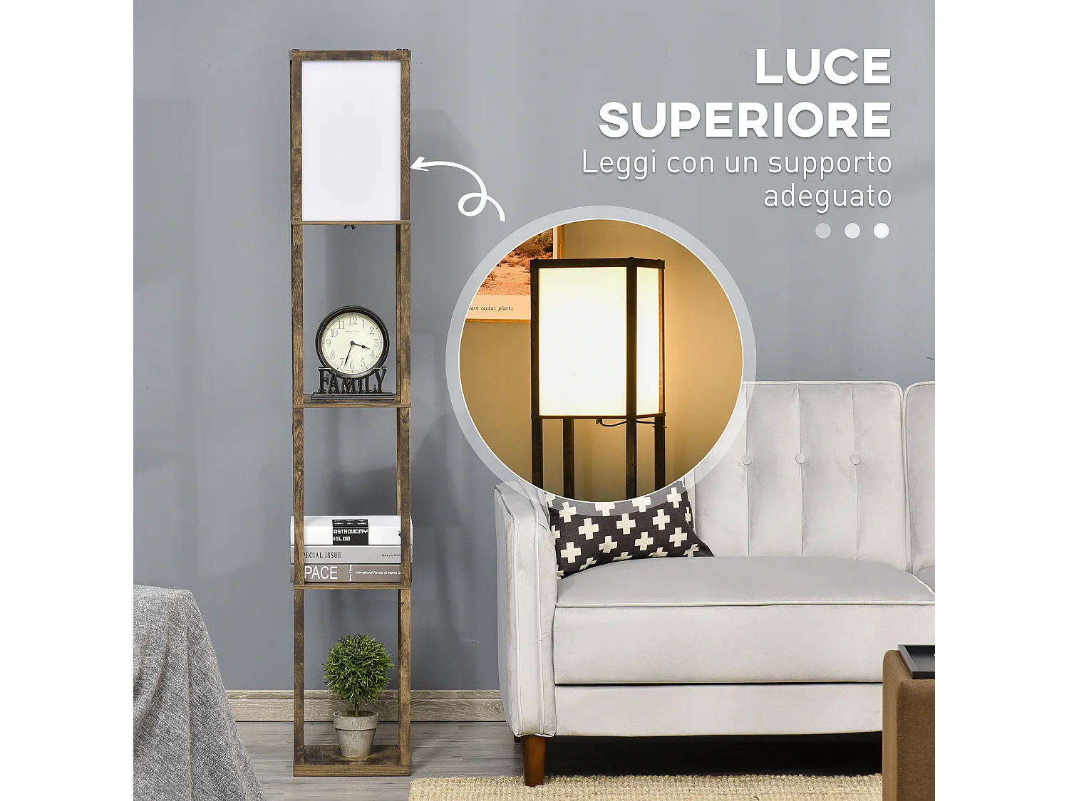 lampada a terra 40w con 3 mensole integrate e interruttore a pedale