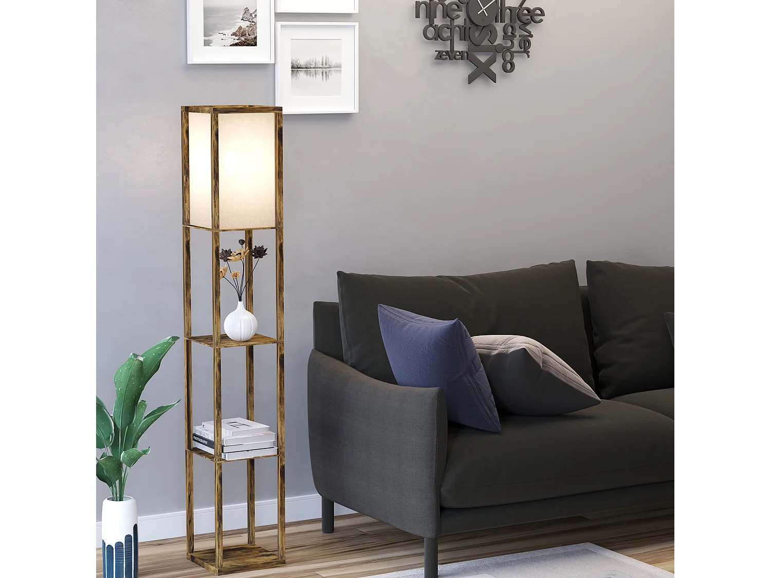 lampada a terra 40w con 3 mensole integrate e interruttore a pedale