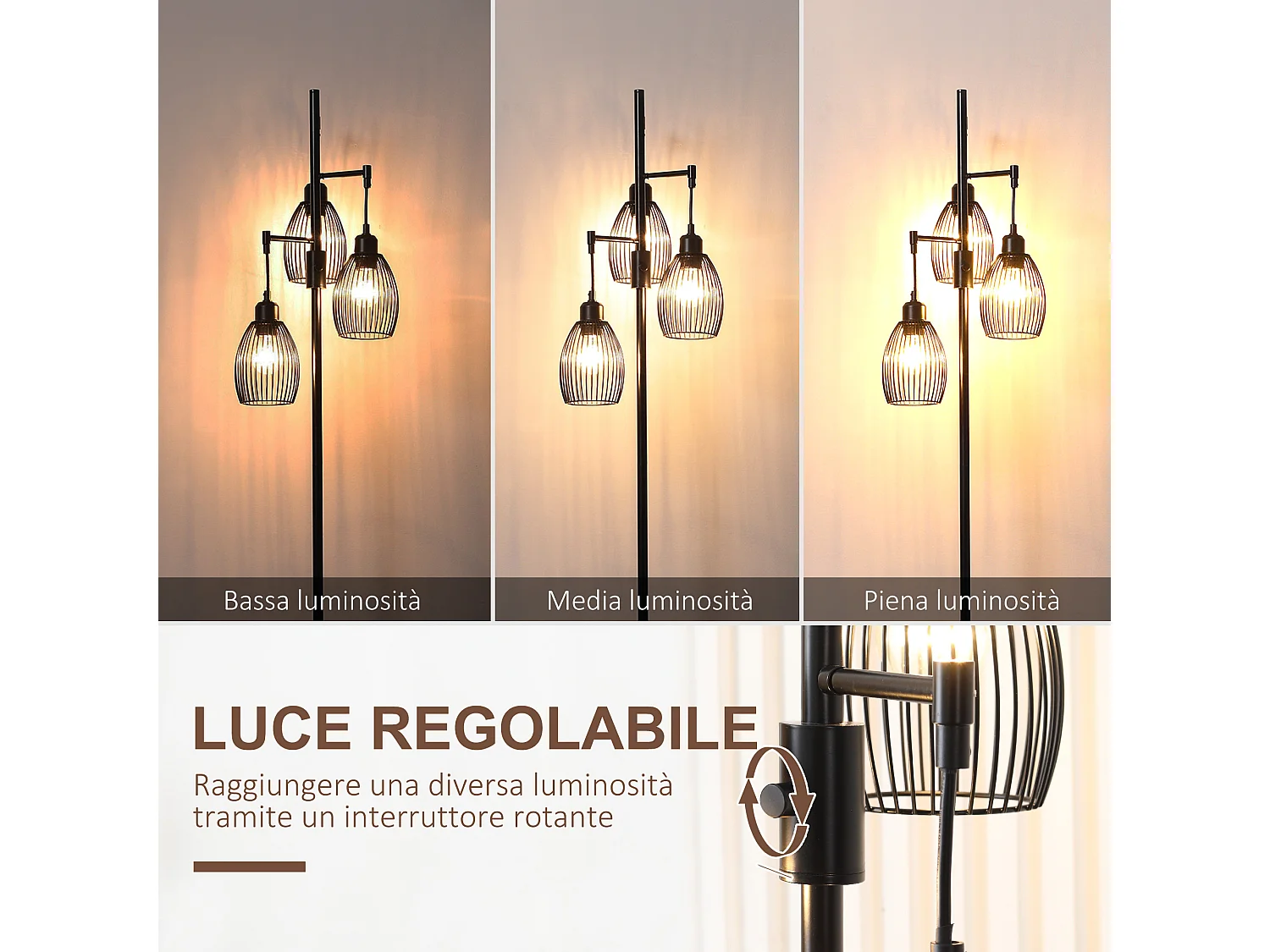 Lampada da terra industriale con 3 paralumi e intensità regolabile