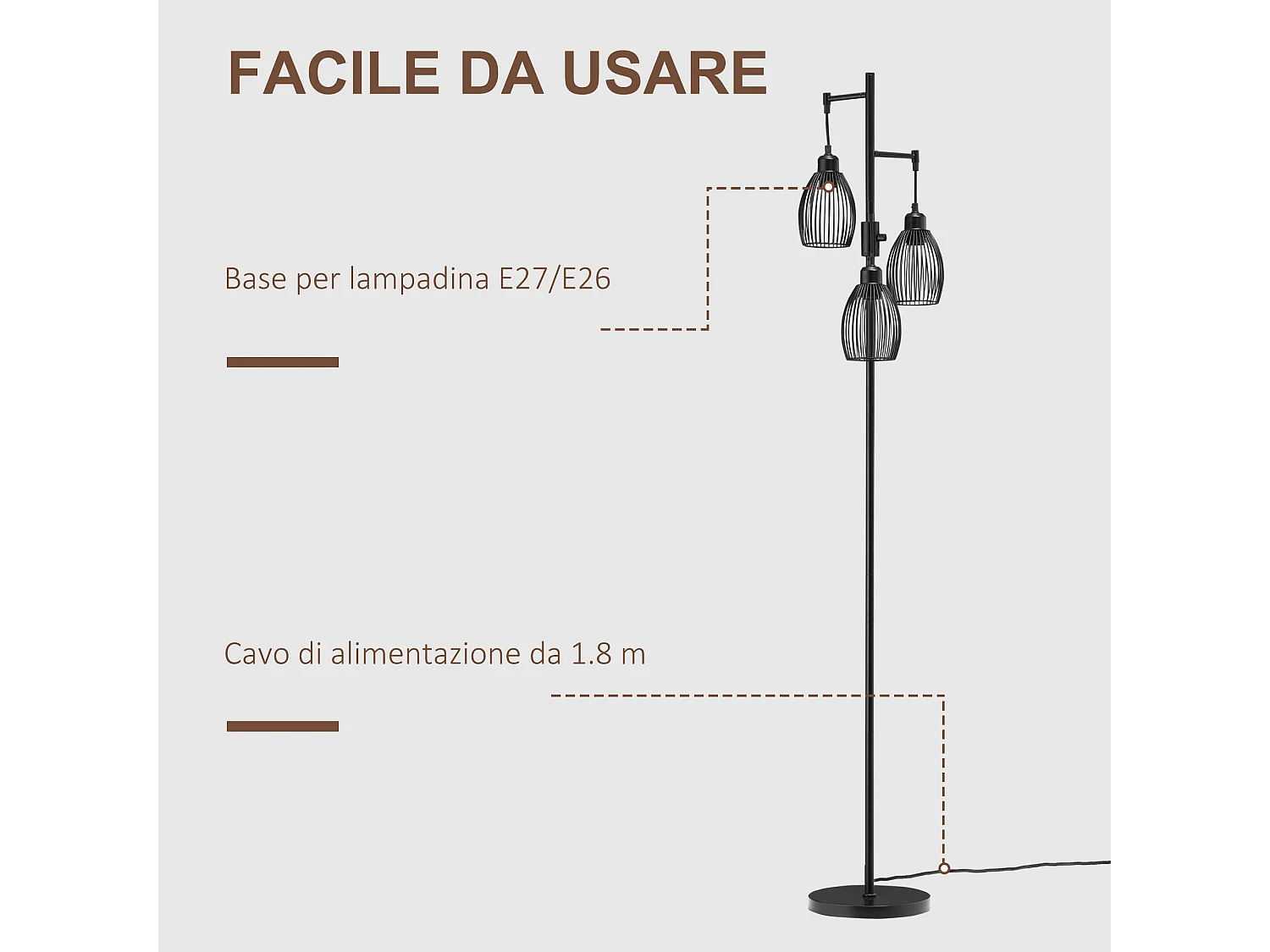 Lampada da terra industriale con 3 paralumi e intensità regolabile
