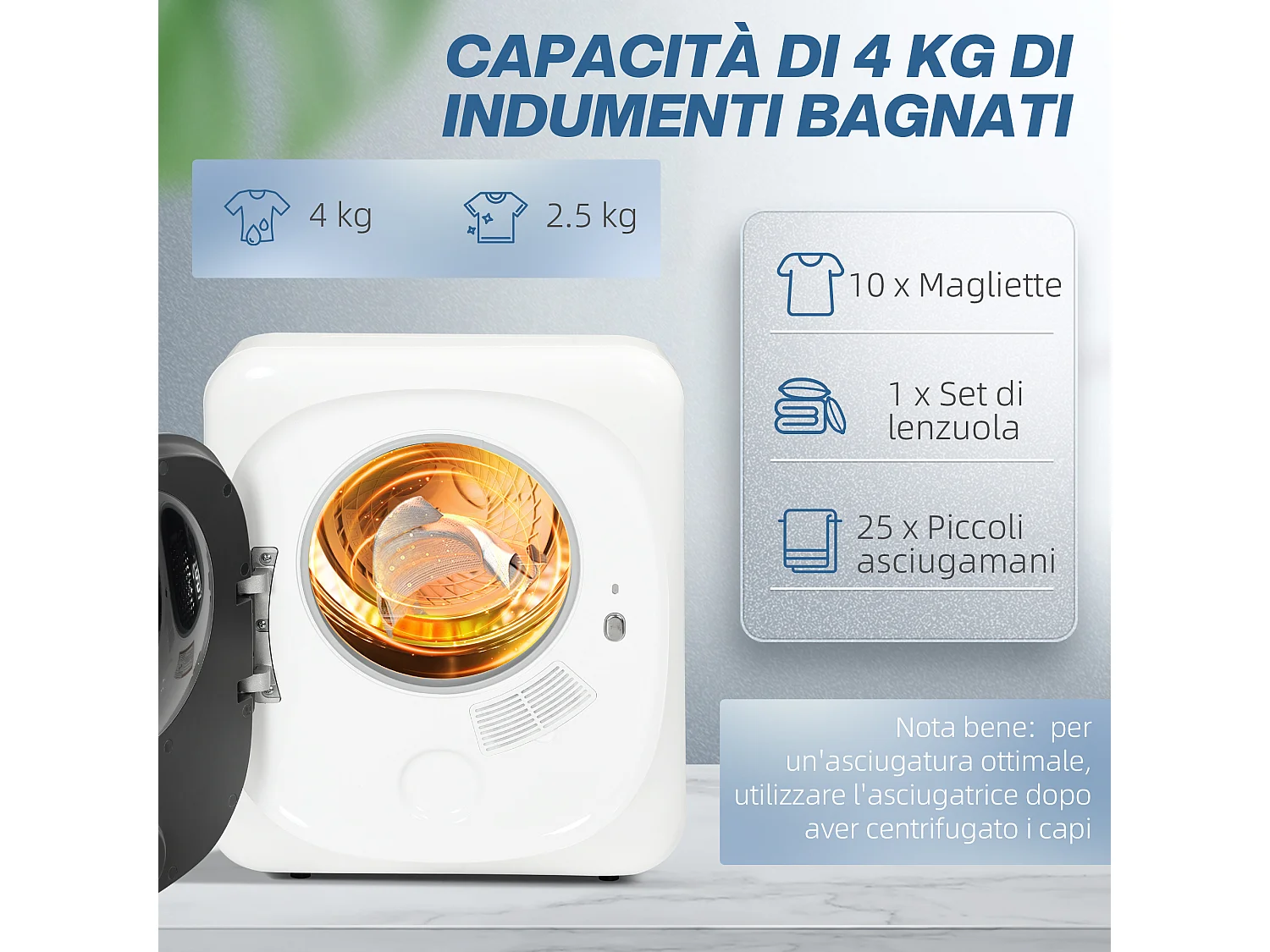 Asciugatrice carico 4 kg con timer e programma smart bianco