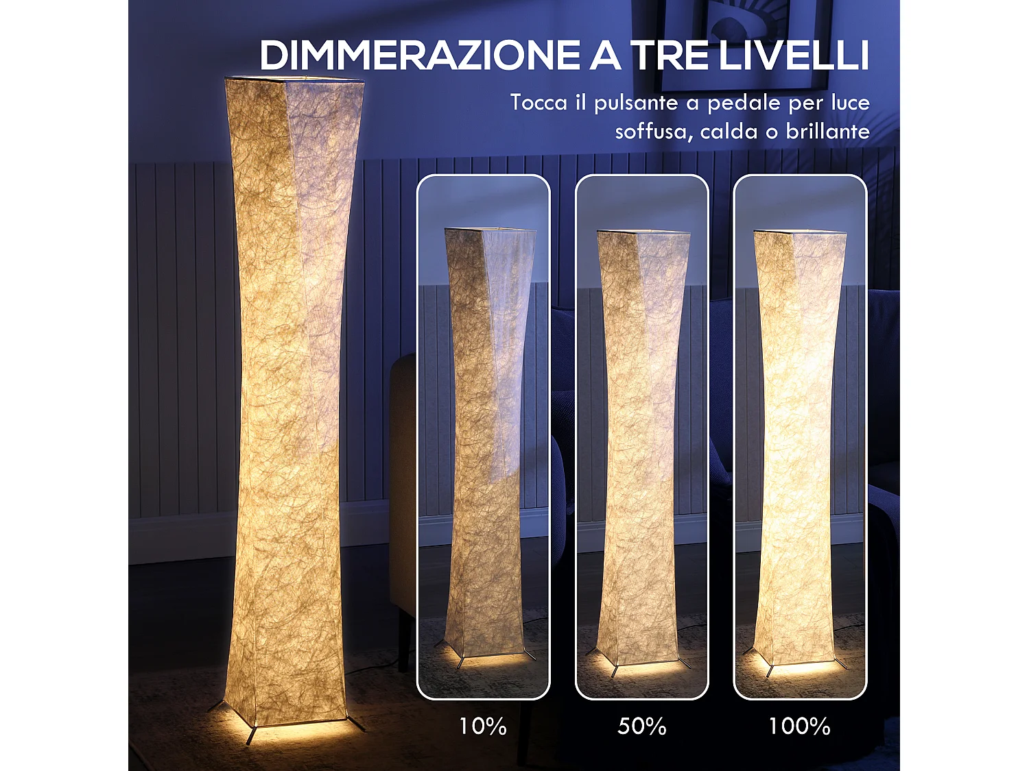 Lampada da terra moderna con luce regolabile su 3 livelli e interruttore a pedale