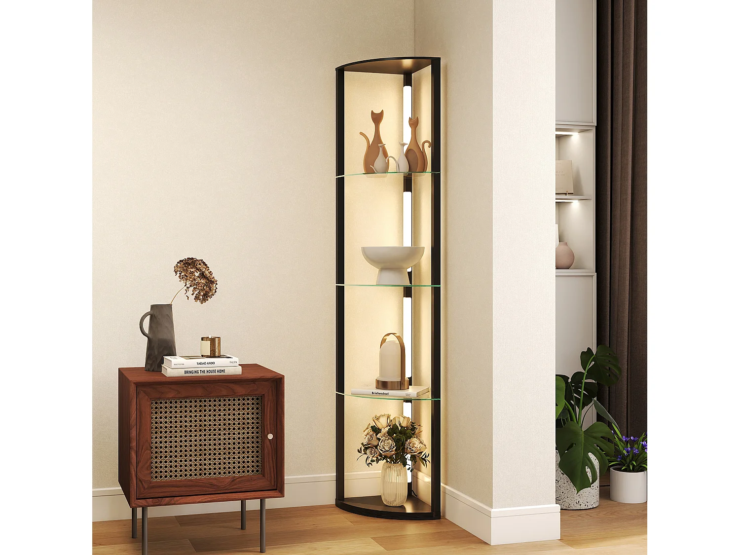 Lampada da terra con ripiani in vetro e luce led