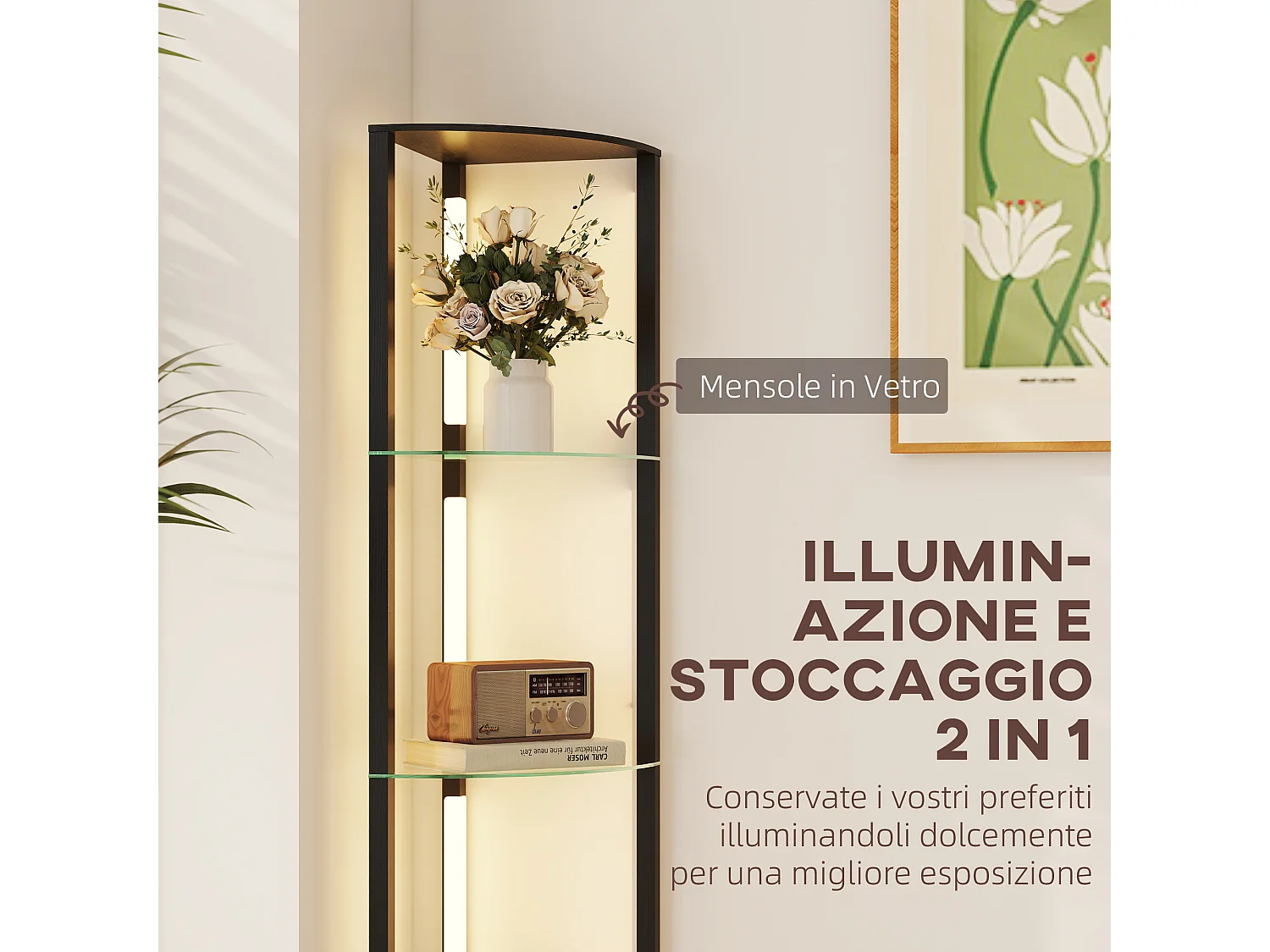 Lampada da terra con ripiani in vetro e luce led