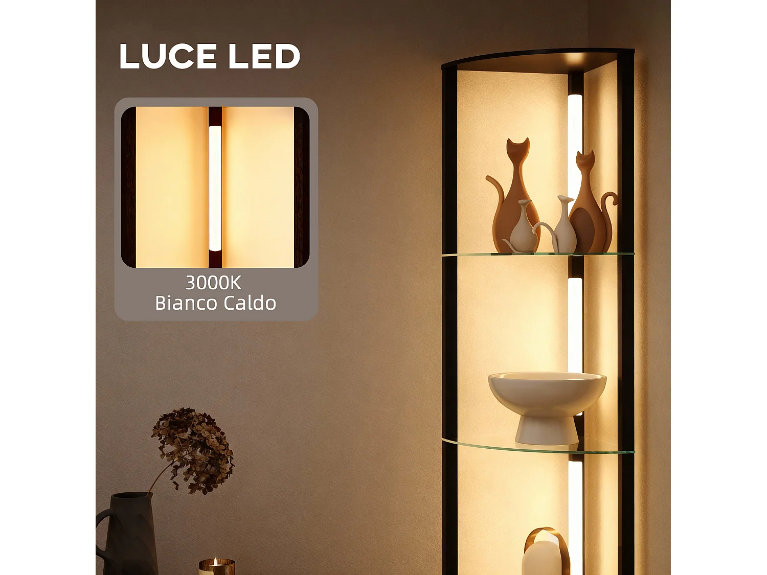 Lampada da terra con ripiani in vetro e luce led