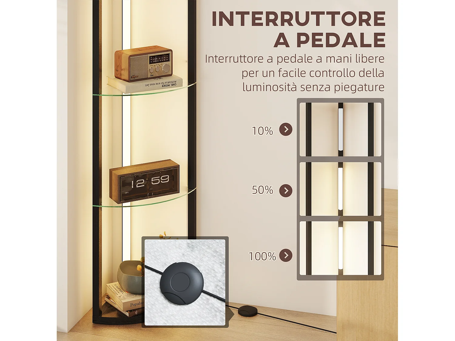 Lampada da terra con ripiani in vetro e luce led