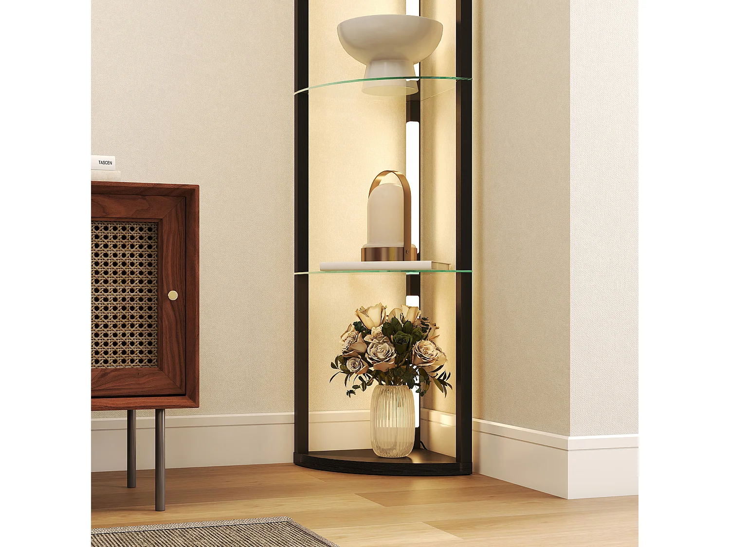 Lampada da terra con ripiani in vetro e luce led