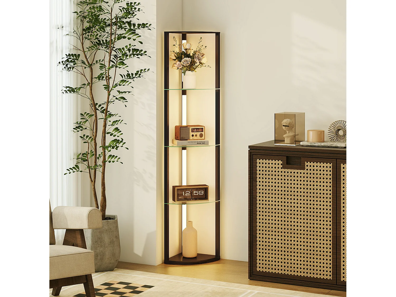 Lampada da terra con ripiani in vetro e luce led