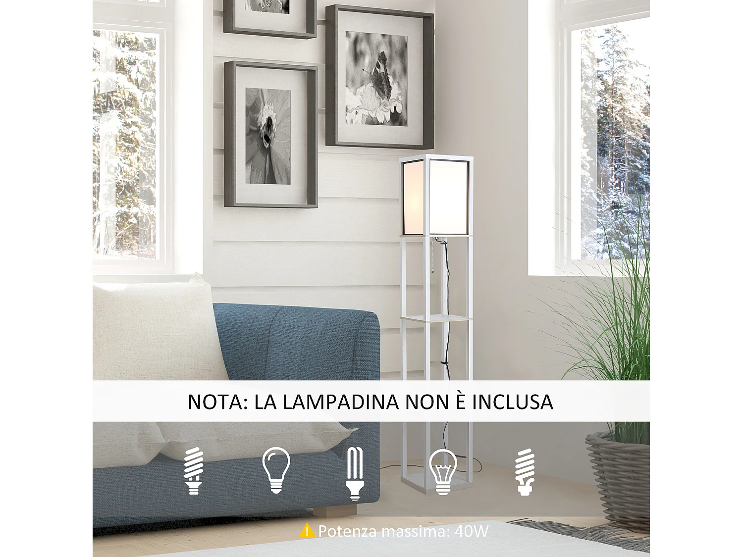 Lampada a terra 40w con 3 mensole integrate e interruttore a pedale