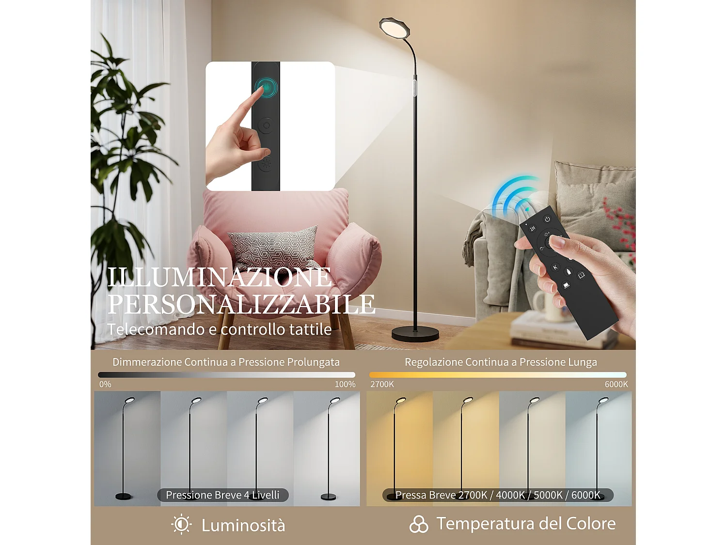 Lampada da terra led regolabile con telecomando magnetico e controlli touch