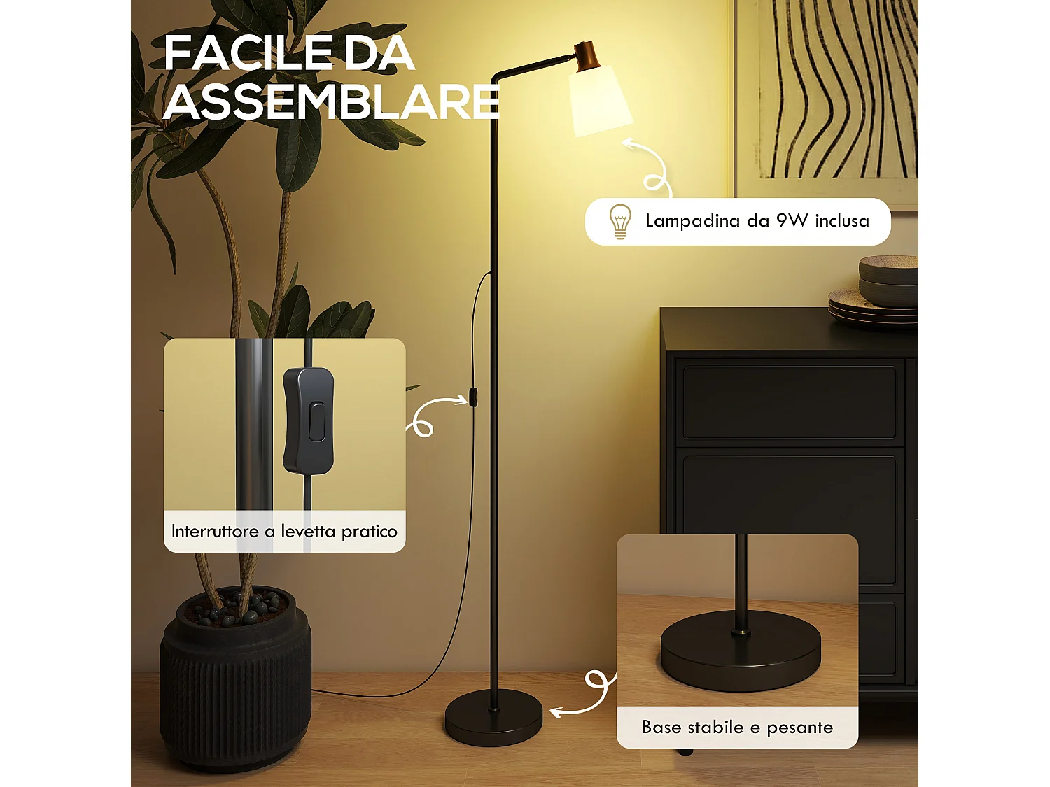 lampada da terra led regolabile con testa girevole a 350°