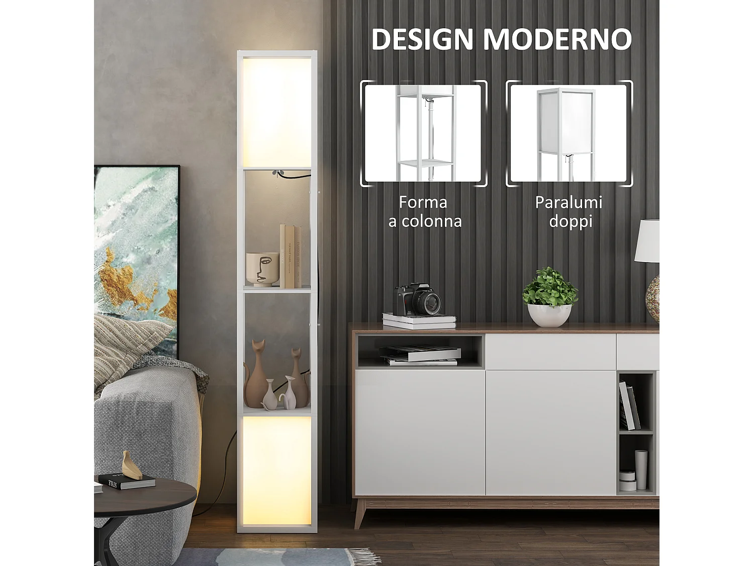 lampada da terra moderna con 2 paralumi e 2 ripiani