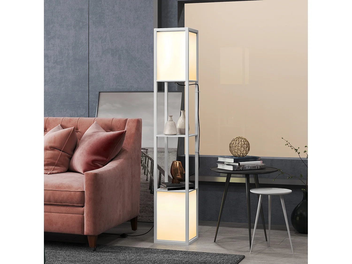 lampada da terra moderna con 2 paralumi e 2 ripiani