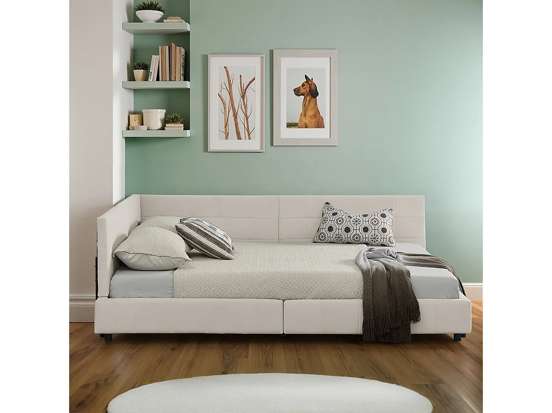 Lit double 140×200 cm rembourré en velours doux, cadre d’angle en L, lattes en eucalyptus et métal, montage facile – Beige