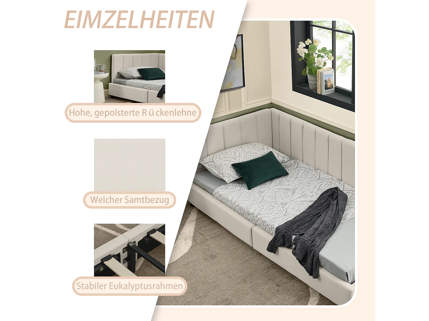 Eenpersoonsbed 90×200 cm in zacht fluweel, kinderbed met hoge rugleuning, ideaal voor een kinderkamer of klein appartement – Beige
