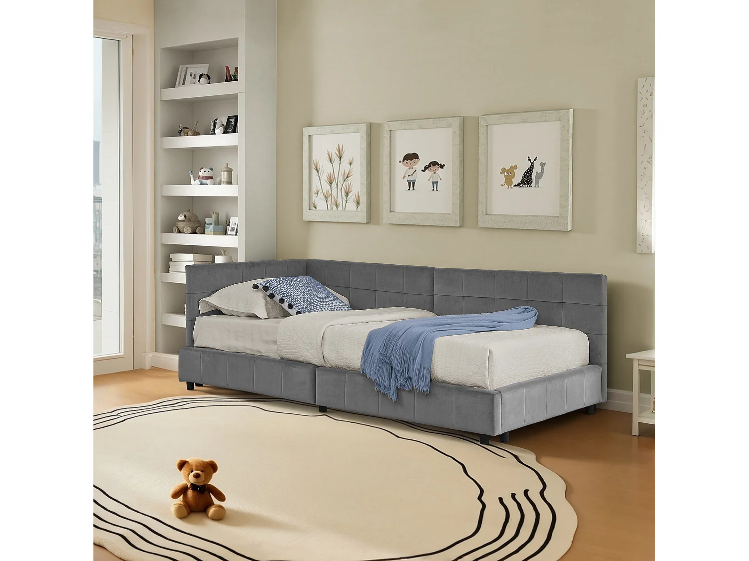 Eenpersoonsbed 90×200 cm in zacht fluweel, kinderbed met hoge rugleuning – Donkergrijs