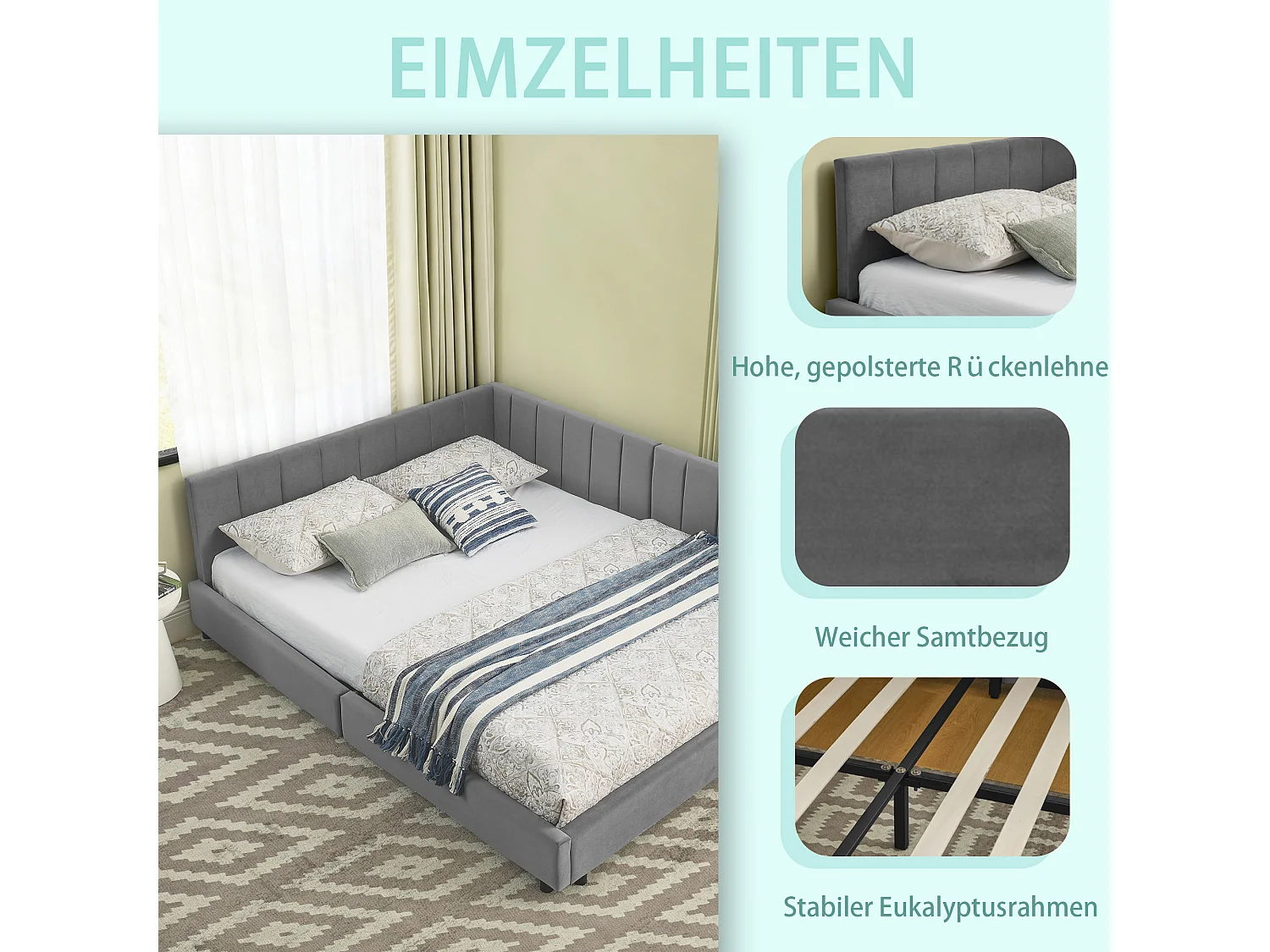 Lit double 140×200 cm en velours doux, haute tête de lit, idéal pour chambre familiale ou appartement, pour couples et petites familles – Dark Gray