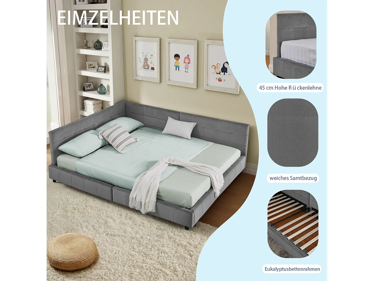 Lit double 140×200 cm rembourré en velours doux, cadre d’angle en L, lattes en eucalyptus et métal, montage facile – Dark Gray