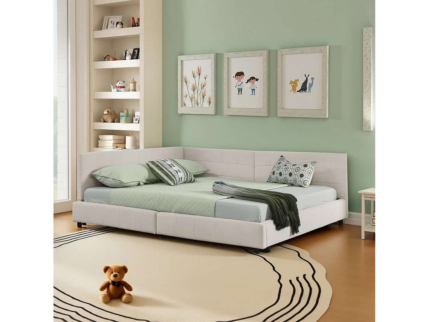 Lit double 160×200 cm rembourré en velours doux, cadre d’angle en L, lattes en eucalyptus et métal, montage facile – Beige