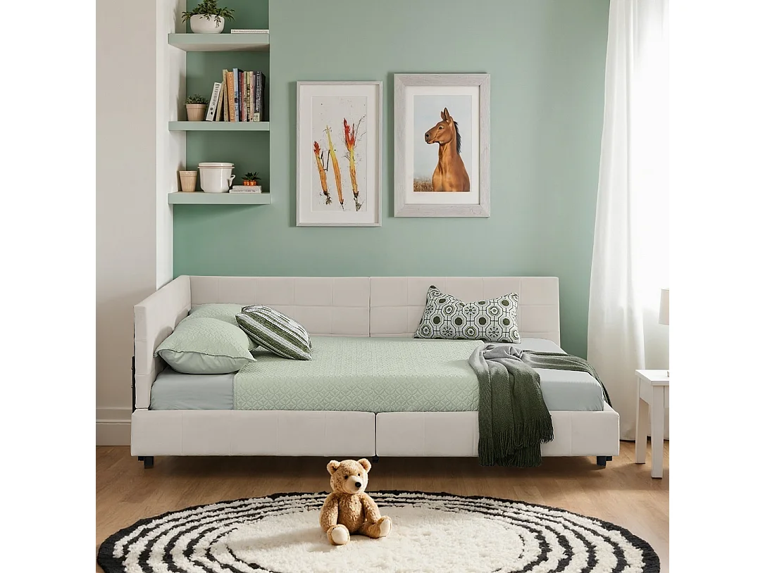 Lit double 160×200 cm rembourré en velours doux, cadre d’angle en L, lattes en eucalyptus et métal, montage facile – Beige