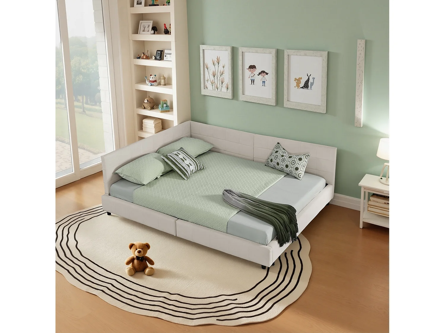 Lit double 160×200 cm rembourré en velours doux, cadre d’angle en L, lattes en eucalyptus et métal, montage facile – Beige