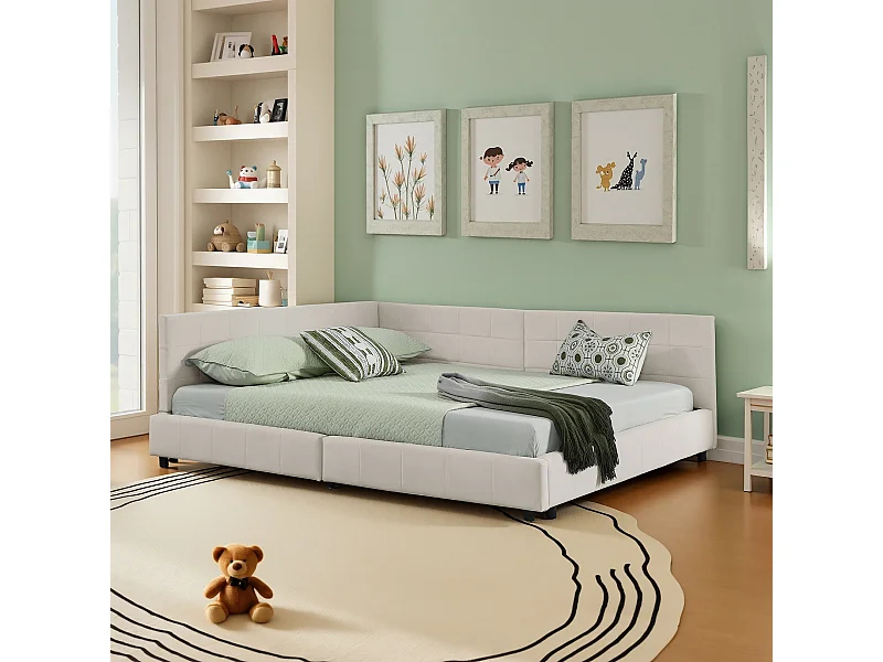 Lit double 160×200 cm rembourré en velours doux, cadre d’angle en L, lattes en eucalyptus et métal, montage facile – Beige