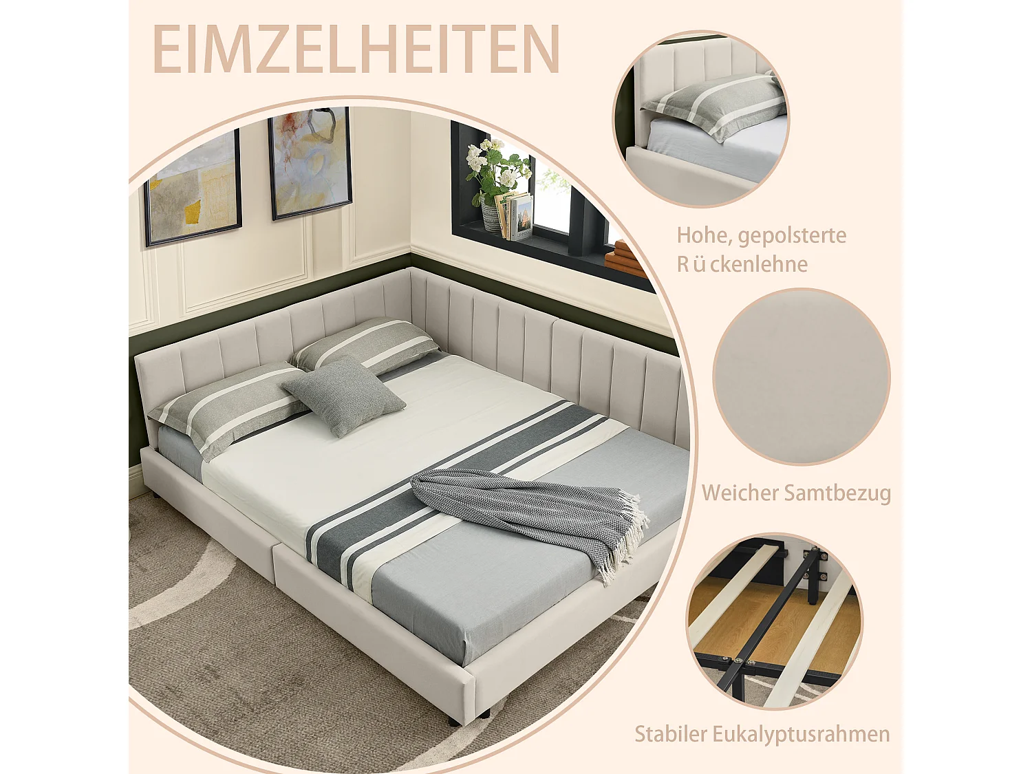 Lit double 160×200 cm en velours, haute tête de lit, idéal pour chambre parentale, familiale ou appartement spacieux – Beige