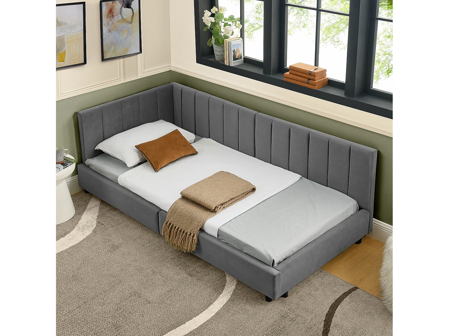 Letto singolo 90×200 cm in morbido velluto, letto per bambini con schienale alto, ideale per la cameretta dei bambini– Grigio scuro