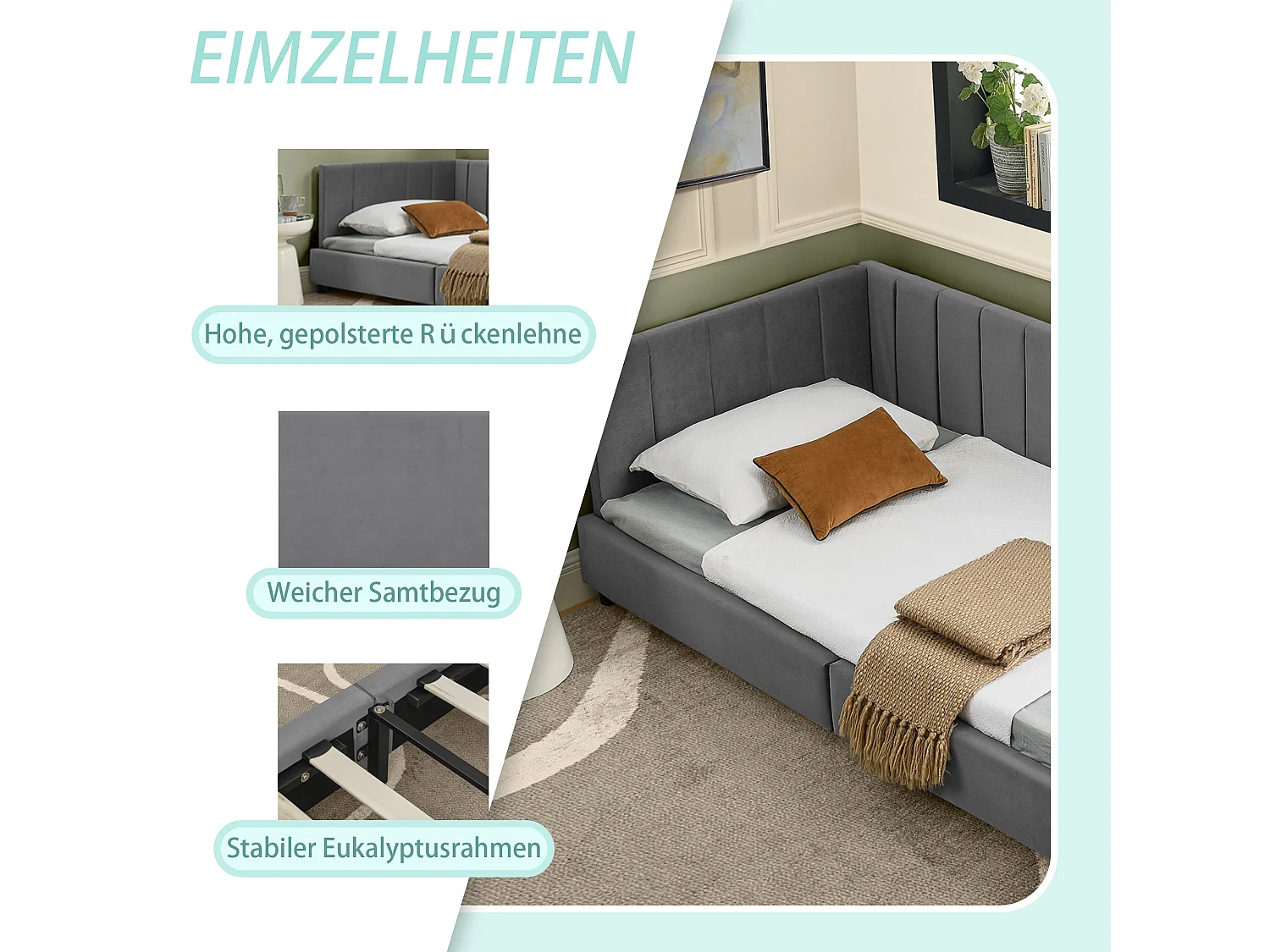 Letto singolo 90×200 cm in morbido velluto, letto per bambini con schienale alto, ideale per la cameretta dei bambini– Grigio scuro