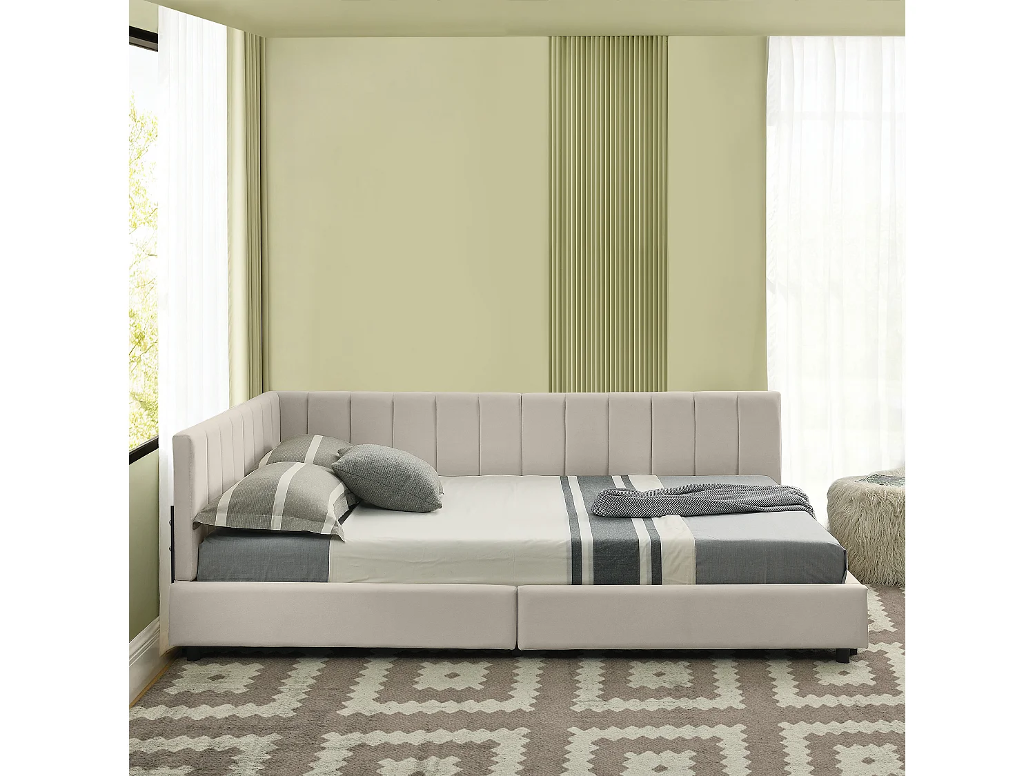 Lit double 140×200 cm en velours doux, haute tête de lit, idéal pour chambre familiale ou appartement, pour couples et petites familles – Beige