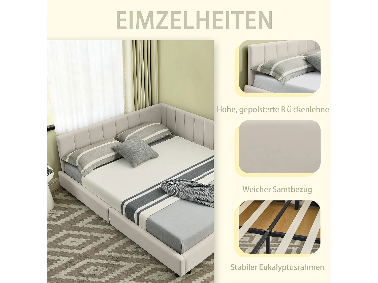 Lit double 140×200 cm en velours doux, haute tête de lit, idéal pour chambre familiale ou appartement, pour couples et petites familles – Beige