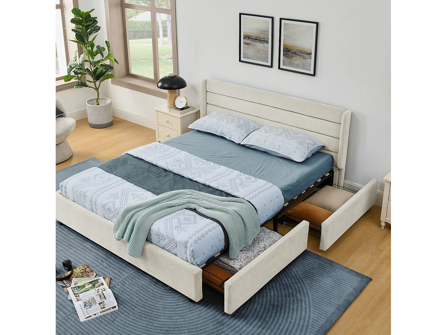 Doppelbett 140×200 cm aus Chenille, mit 4 großen Schubladen, einfache Montage, ideal für Gästezimmer, Jugendzimmer oder kleine Wohnungen – Beige