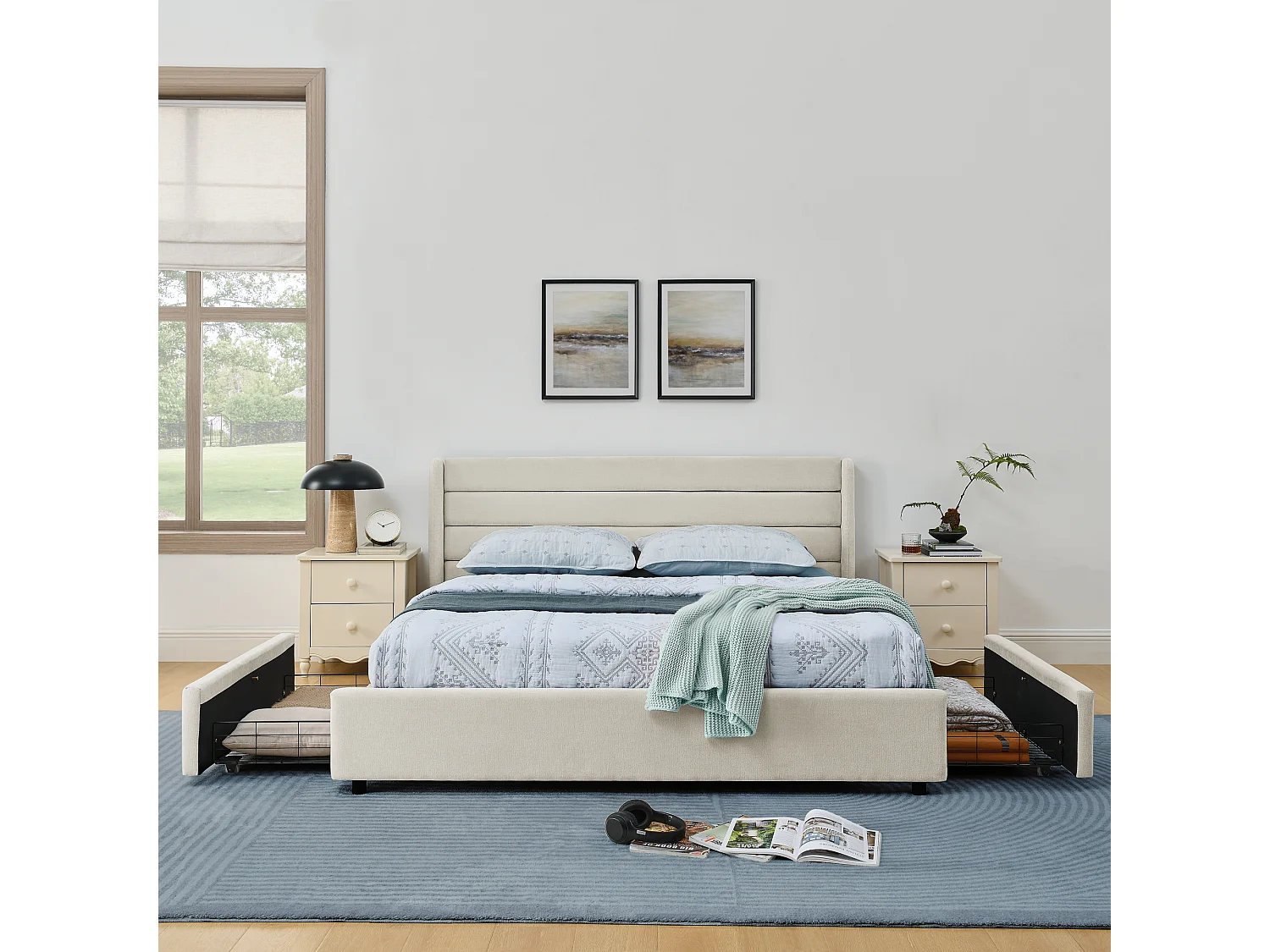 Doppelbett 140×200 cm aus Chenille, mit 4 großen Schubladen, einfache Montage, ideal für Gästezimmer, Jugendzimmer oder kleine Wohnungen – Beige