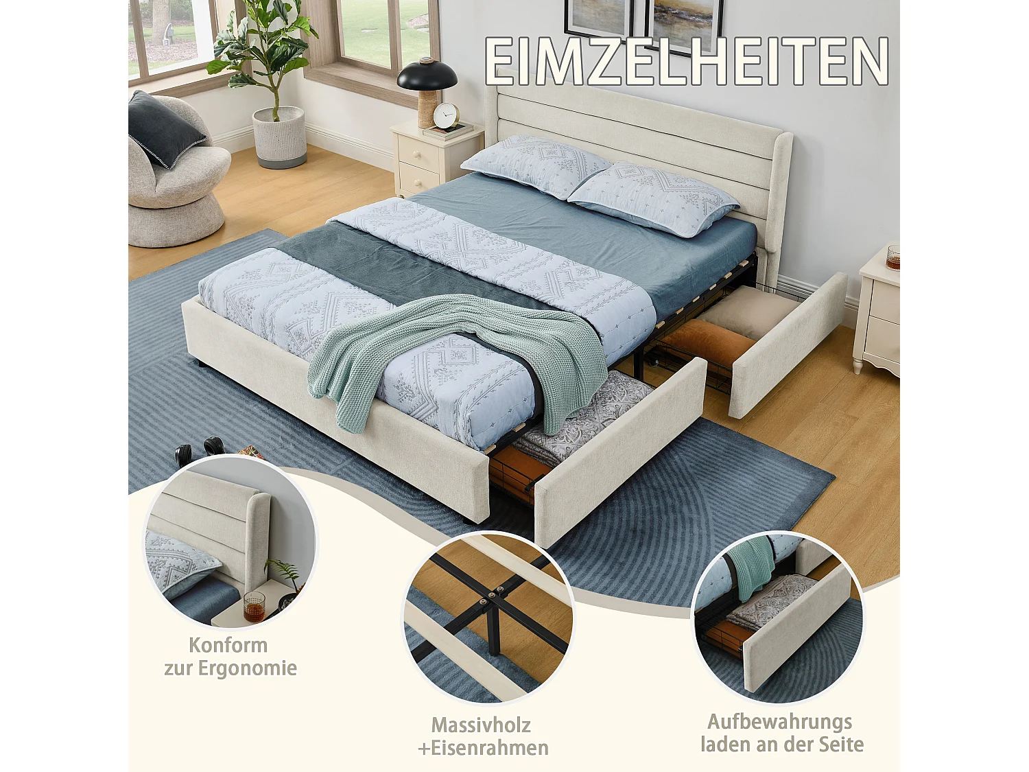 Doppelbett 140×200 cm aus Chenille, mit 4 großen Schubladen, einfache Montage, ideal für Gästezimmer, Jugendzimmer oder kleine Wohnungen – Beige