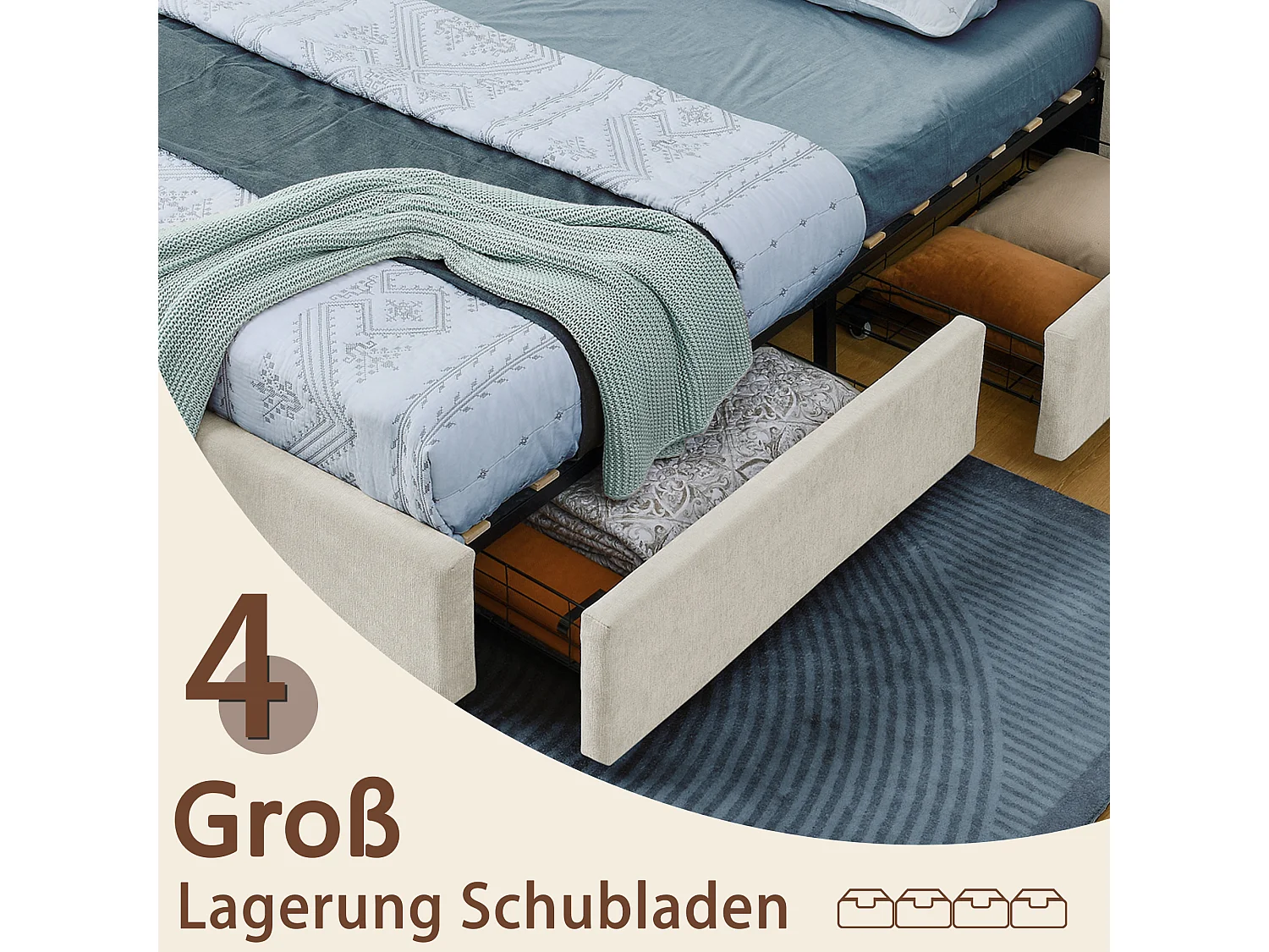 Doppelbett 140×200 cm aus Chenille, mit 4 großen Schubladen, einfache Montage, ideal für Gästezimmer, Jugendzimmer oder kleine Wohnungen – Beige