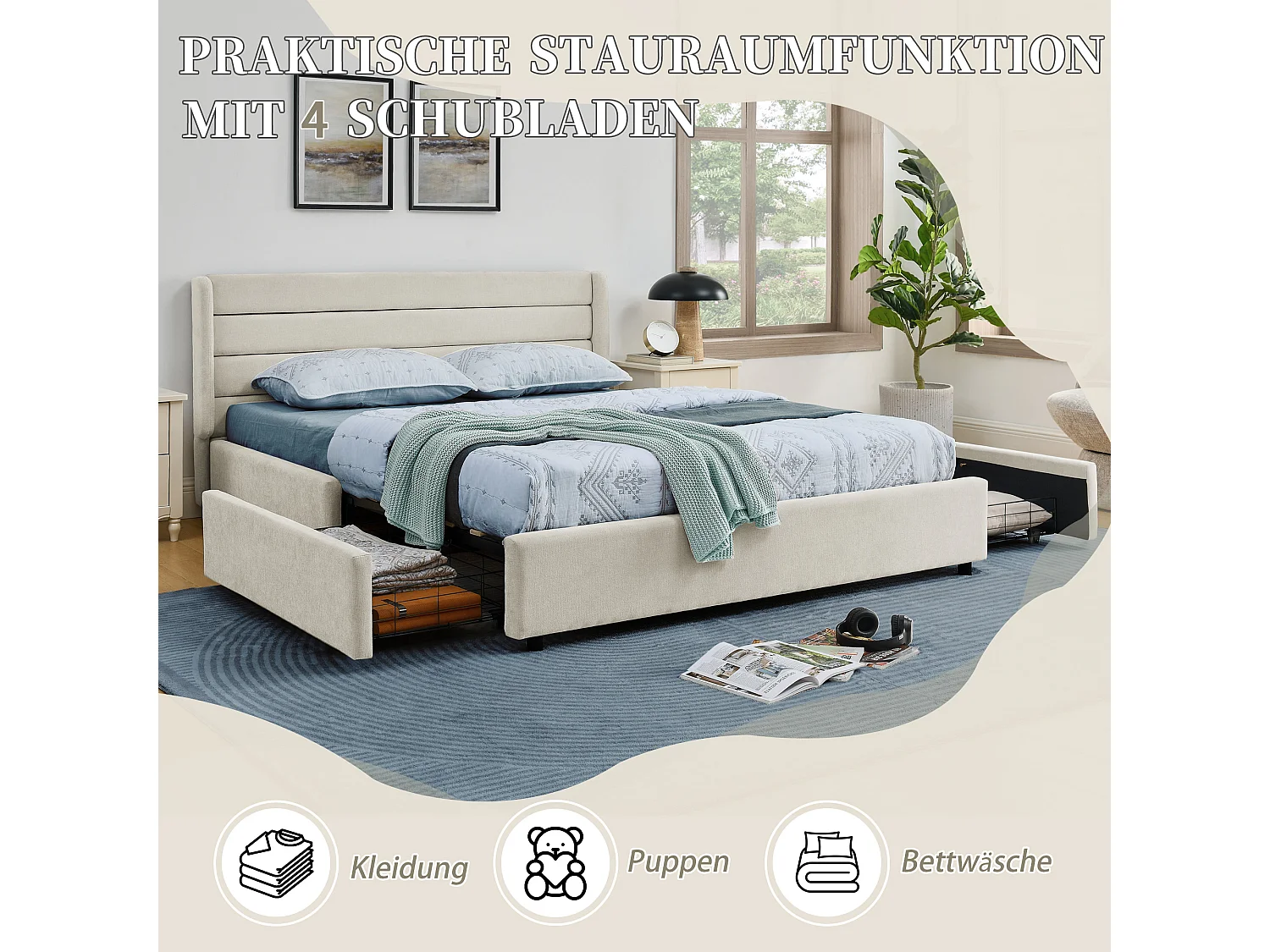 Doppelbett 140×200 cm aus Chenille, mit 4 großen Schubladen, einfache Montage, ideal für Gästezimmer, Jugendzimmer oder kleine Wohnungen – Beige