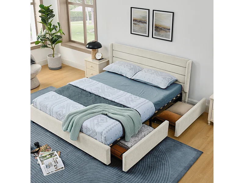 Doppelbett 140×200 cm aus Chenille, mit 4 großen Schubladen, einfache Montage, ideal für Gästezimmer, Jugendzimmer oder kleine Wohnungen – Beige