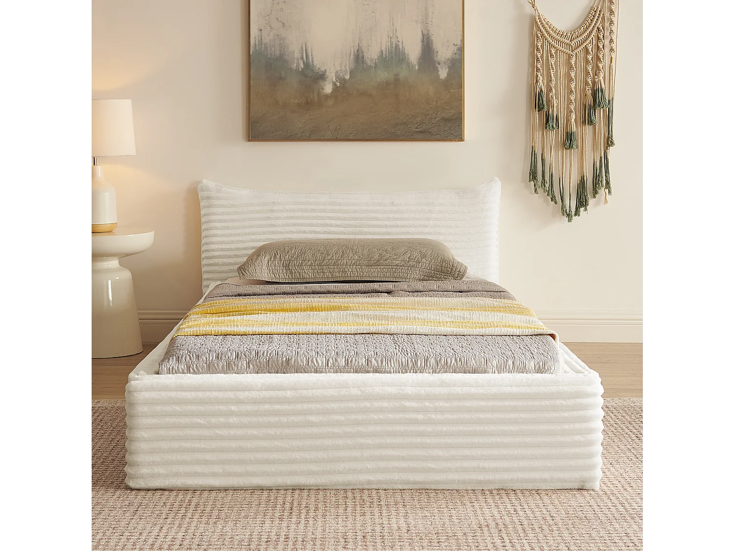 Lit simple 90×200 cm pour enfant, en velours côtelé, structure en eucalyptus écologique et métal, montage facile – Beige