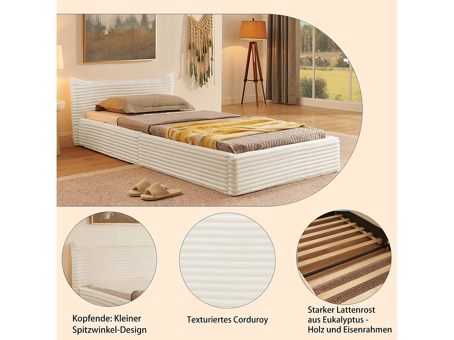 Lit simple 90×200 cm pour enfant, en velours côtelé, structure en eucalyptus écologique et métal, montage facile – Beige