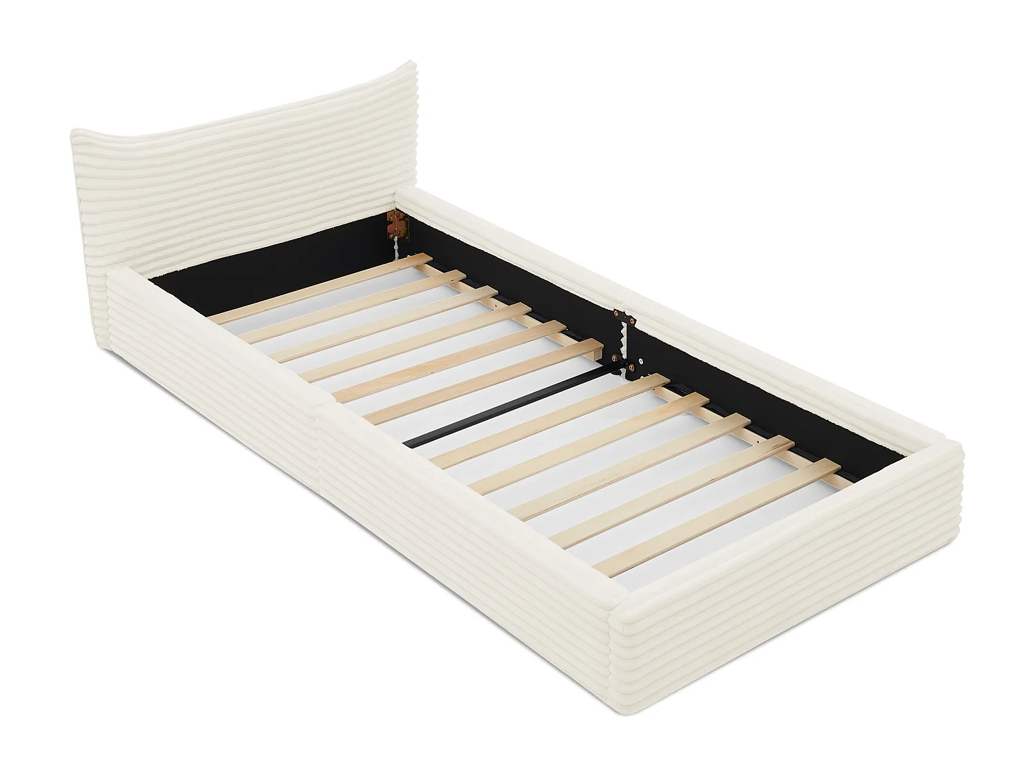 Lit simple 90×200 cm pour enfant, en velours côtelé, structure en eucalyptus écologique et métal, montage facile – Beige